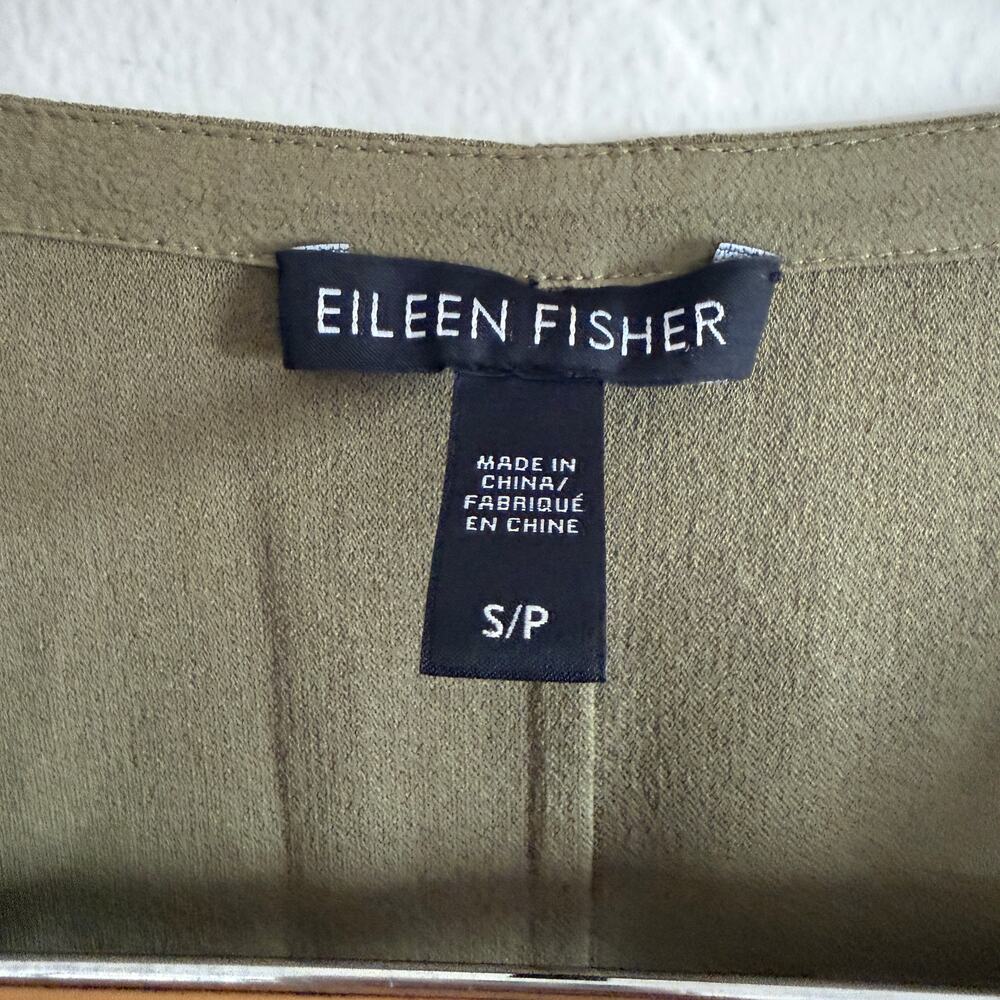 EILEEN FISHER Olive Green Silk Crepe Shift Dress Small Petite Boho Lagenlook - Picture 2 of 5
